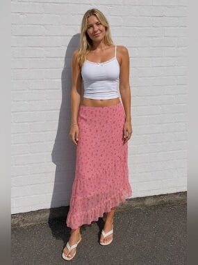 Vintage Y2K Pink Floral Low Rise Ruffle Midi Skirt Fairycore Size Medium prairie